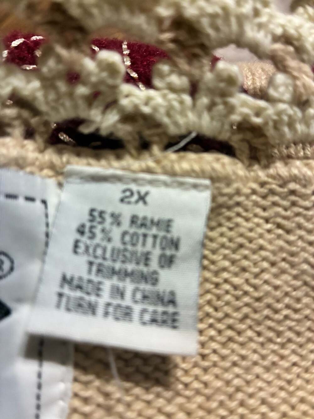 Storybook Knits Beige Cardigan with Maroon Floral Applique and Crochet Trim - Picture 4 of 4